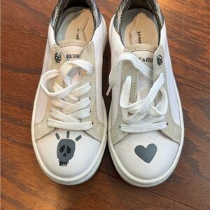 Zadig & Voltaire Kids White Leather Sneakers with Gray Skull & Heart